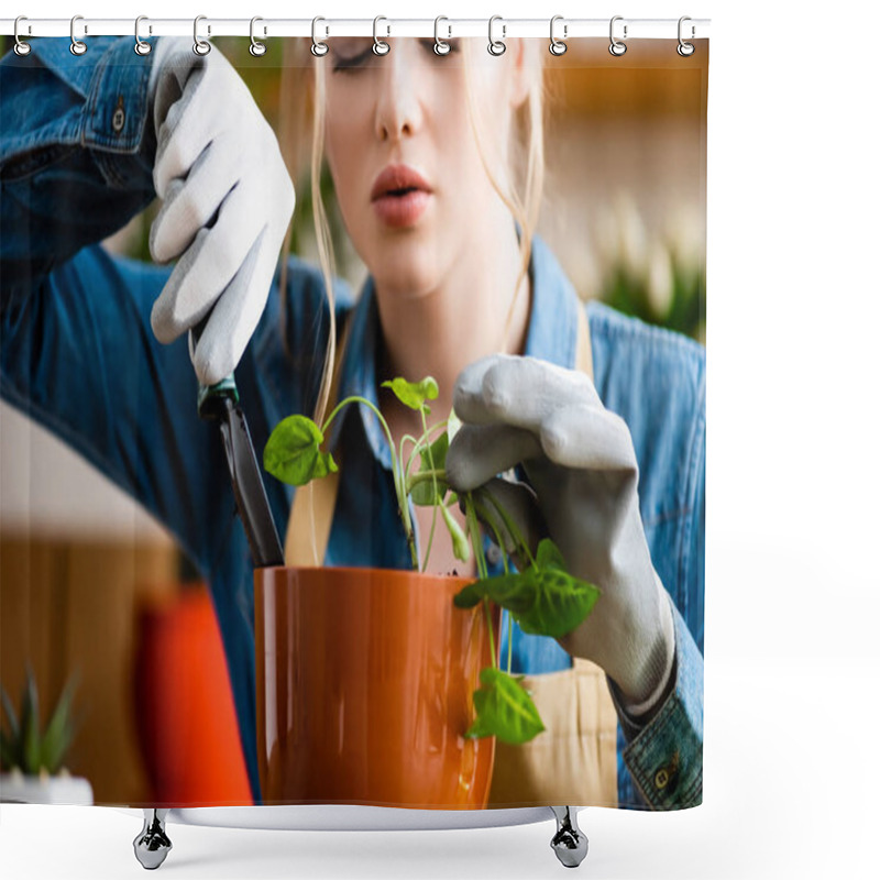 Personality  Selective Focus Of Young Woman In Gloves Holding Small Shovel While Transplanting Plant In Flowerpot  Shower Curtains