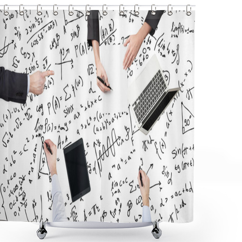 Personality  A Top View Of A Brainstorm Process. Colleagues Are Solving Math Problems. Laptop, Tablet And Math Formulas Are Drawn Over The Surface On The Table. Shower Curtains