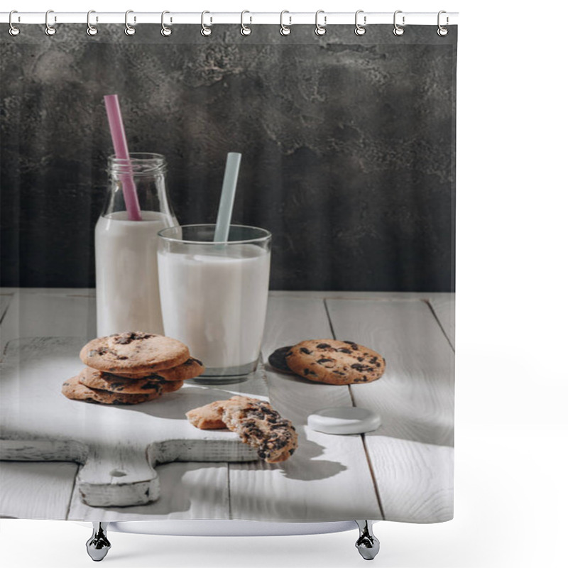 Personality  Chocolate-chip Cookies On White Wooden Cutting Board With Milk Shower Curtains