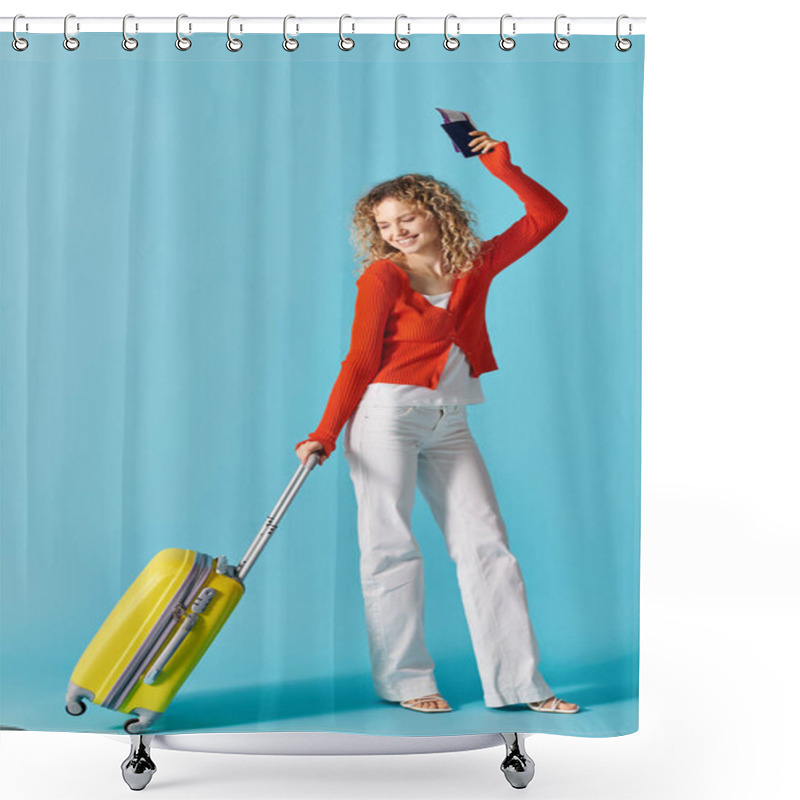 Personality  A Young Woman With Curly Hair Holding A Yellow Suitcase And A Passport, Ready For Travel. Shower Curtains