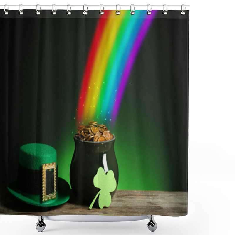 Personality  Pot With Gold Coins, Hat And Clover On Wooden Table Against Dark Background, Space For Text. St. Patrick's Day Shower Curtains