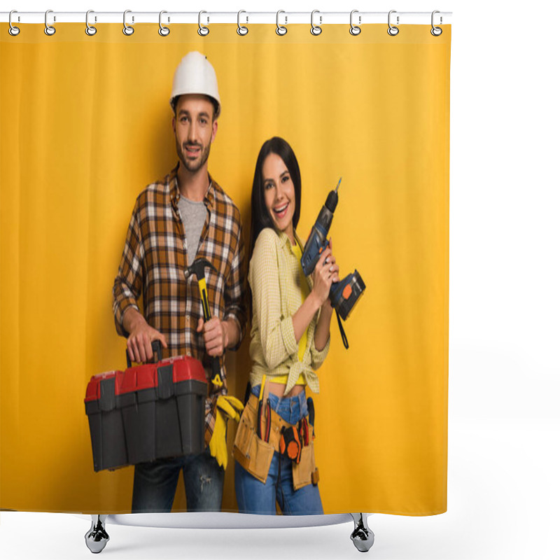 Personality  Smiling Manual Workers Holding Toolbox And Electric Drill On Yellow    Shower Curtains