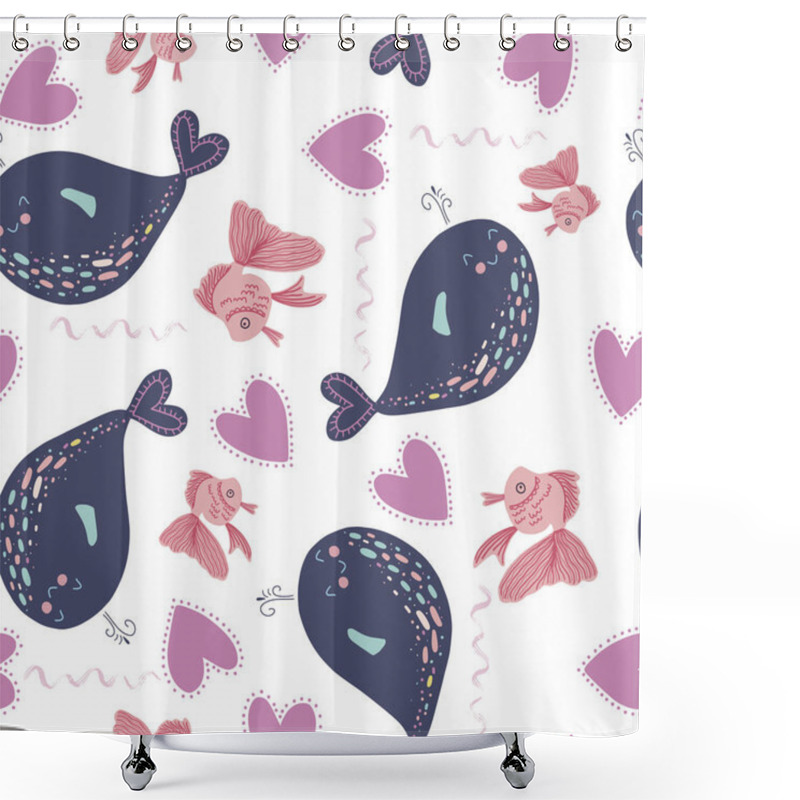 Personality  Vector Seamless Pattern On The Marine Theme With The Image Of Cute Whales, Hearts And Fish On A White Background Shower Curtains