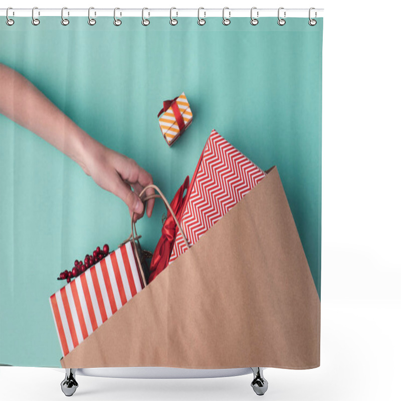 Personality  Hand Holding Paper Bag With Presents Shower Curtains