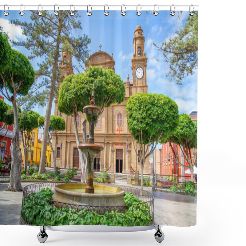 Personality  February 20 2022-Galdar, Spain : Historical Center In Sunny Weather, With Old Church And Green Palm Trees , Beautiful Fountain In Front Shower Curtains