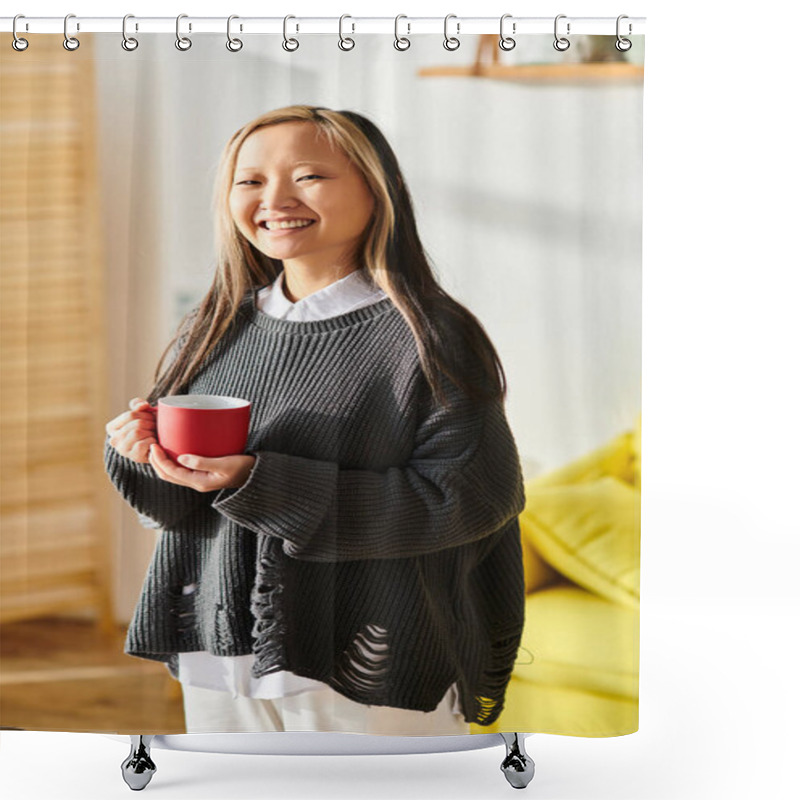 Personality  A Young Asian Girl Joyfully Holds A Cup Of Coffee While E-learning At Home. Shower Curtains