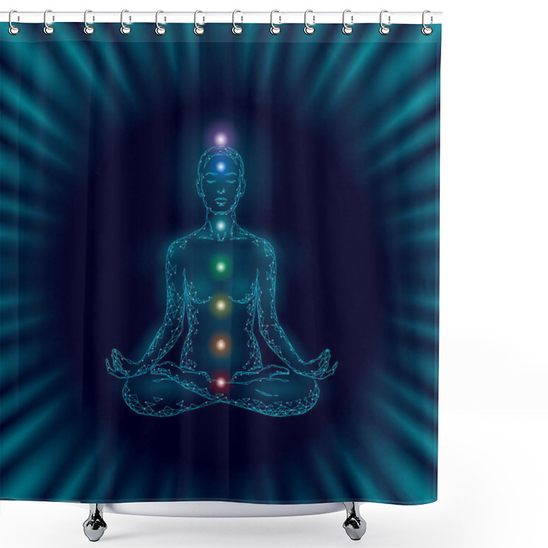 Personality  Yoga Practice Woman In Lotus Position Low Poly Silhouette. Polygonal Yoga Relaxation Exercise Wellness Class.Dark Blue Night Chakra Points. Buddhism Esoteric Kundalini Energy Vector Illustration Shower Curtains