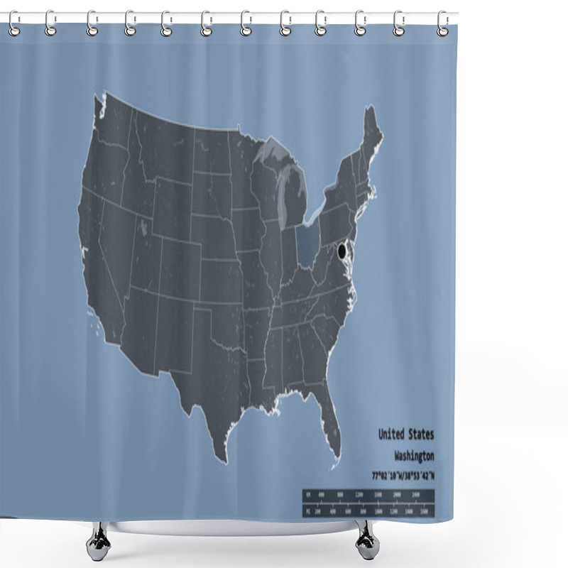 Personality  Desaturated Shape Of Mainland United States With Its Capital, Main Regional Division And The Separated Ohio Area. Labels. Colored Elevation Map. 3D Rendering Shower Curtains