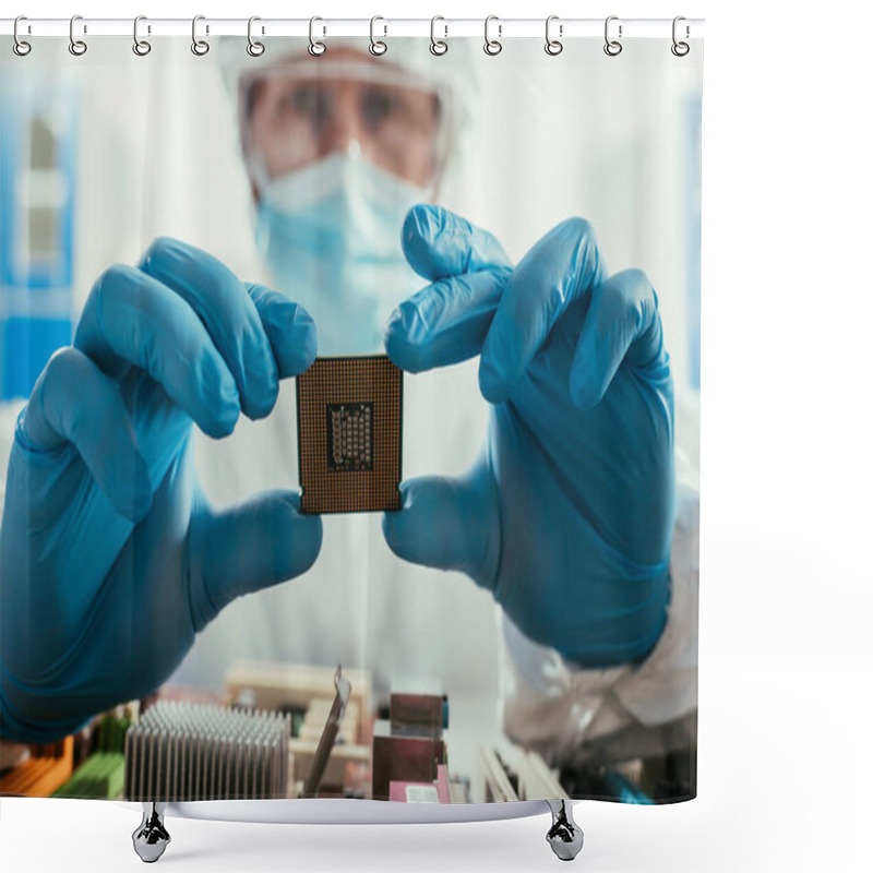 Personality  Selective Focus Of Engineer Holding Microchip Near Computer Motherboard Shower Curtains