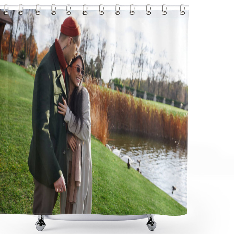 Personality  A Couple Enjoys A Loving Embrace, Dressed Warmly As Autumn Leaves Fall Around Them. Shower Curtains