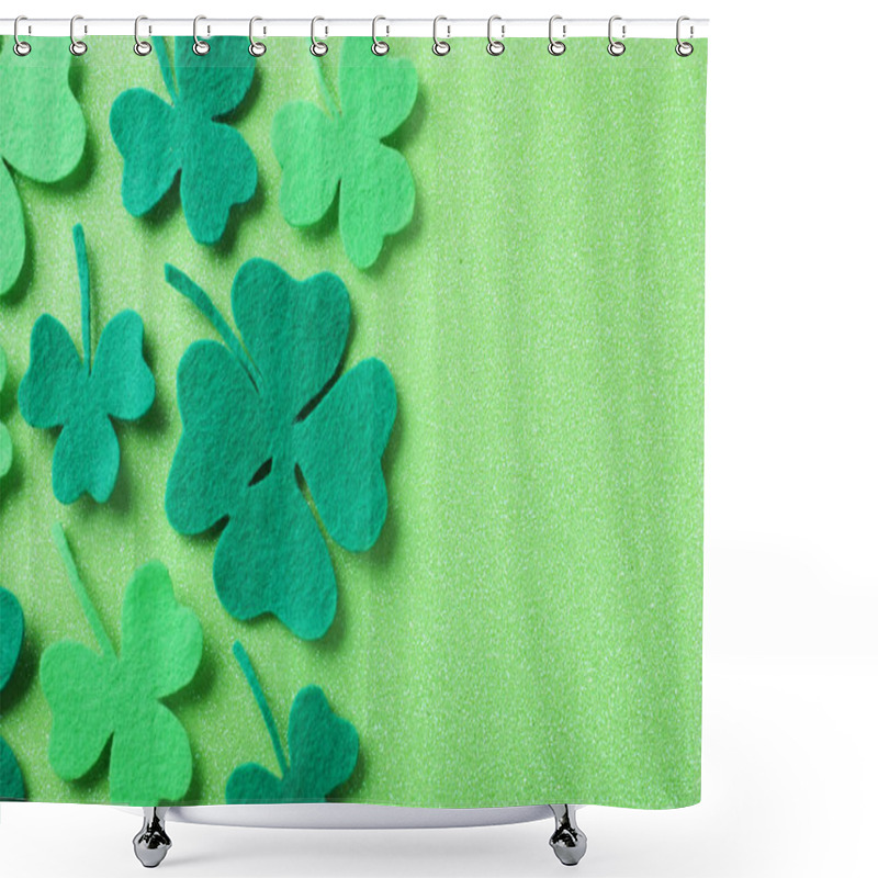 Personality  Flat Lay Composition With Clover Leaves On Light Green Background, Space For Text. St. Patrick's Day Celebration Shower Curtains