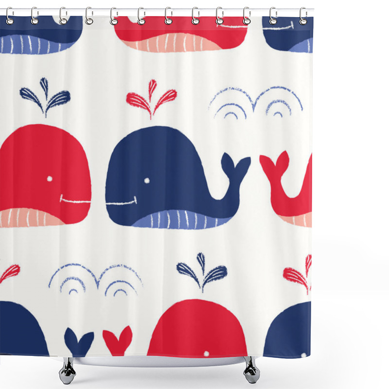 Personality  Whimsical, Hand-Drawn With Crayons, Red And Blue Whales In Sea Vector Seamless Pattern For Kids And Babies Shower Curtains