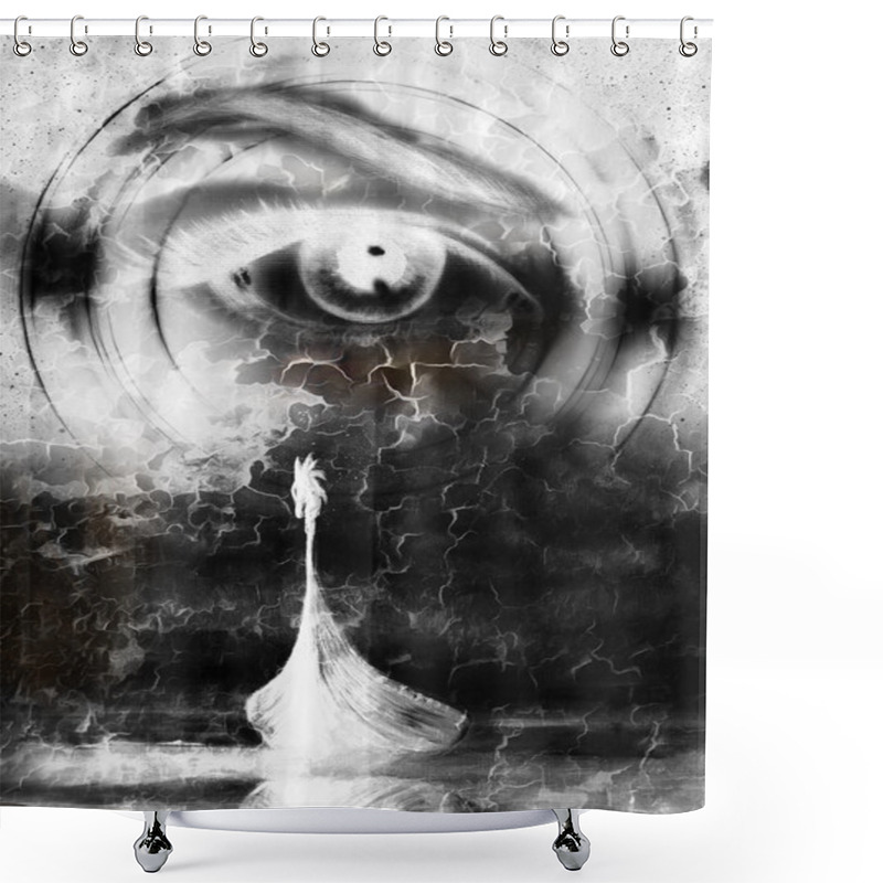 Personality  Viking Boat On The Beach And Woman Eye. Boat With Wood Dragon. Black And White. Shower Curtains