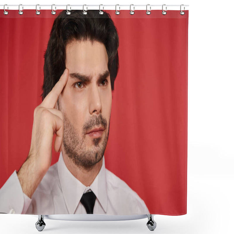 Personality  A Young Man In Formal Attire With Dark Hair Contemplates Ideas, Exuding Focus And Determination. Shower Curtains