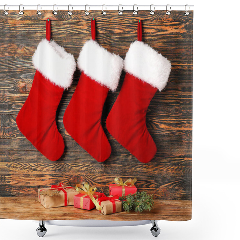 Personality  Christmas Socks With Gifts On Wooden Background Shower Curtains