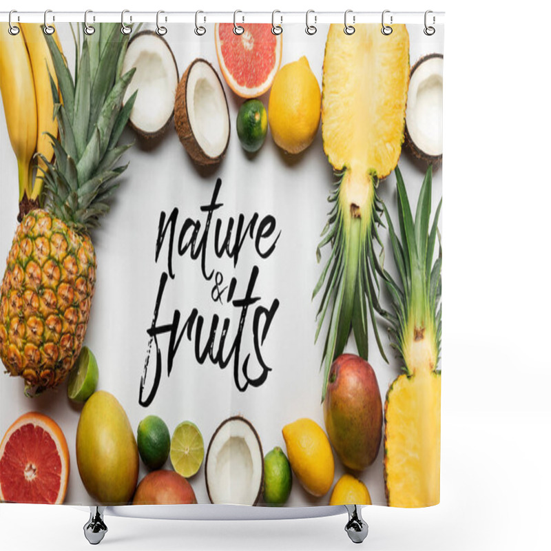 Personality  Frame Made Of Organic Exotic Fruits On White Background With Nature And Fruits Illustration Shower Curtains