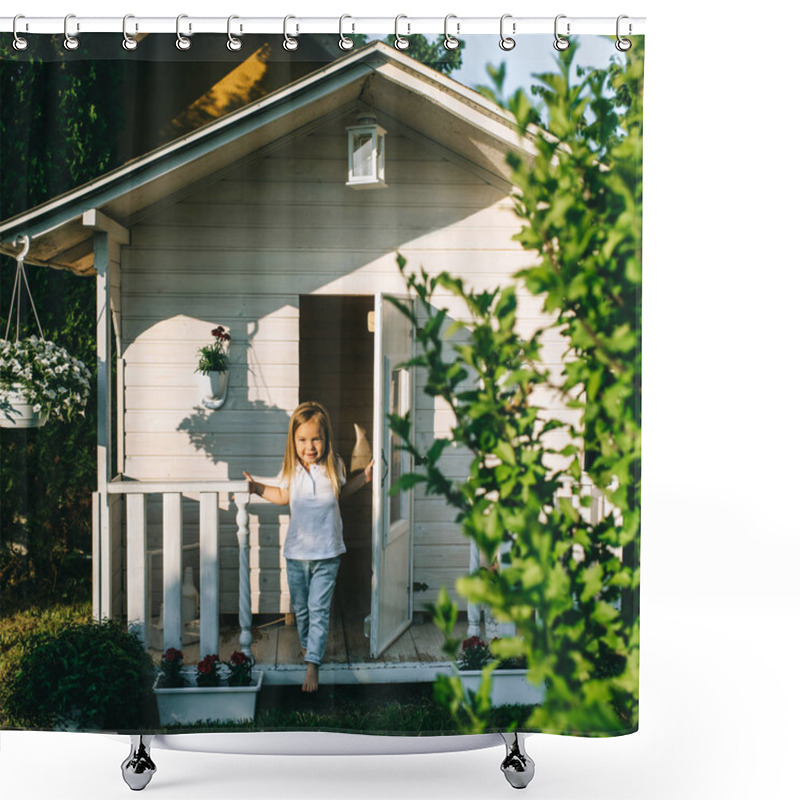 Personality  Little Kid Standing On Porch Of Country House Alone On Summer Day Shower Curtains