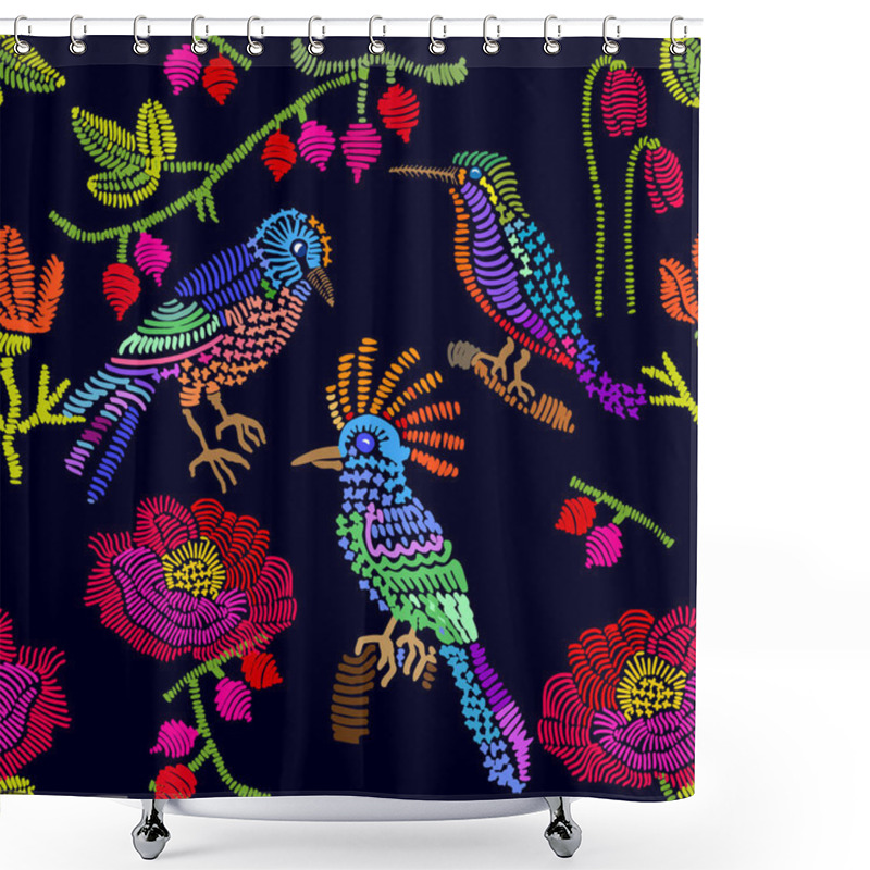 Personality  Floral Embroidery. Seamless Vector Pattern With Birds, Berries And Flowers. Shower Curtains