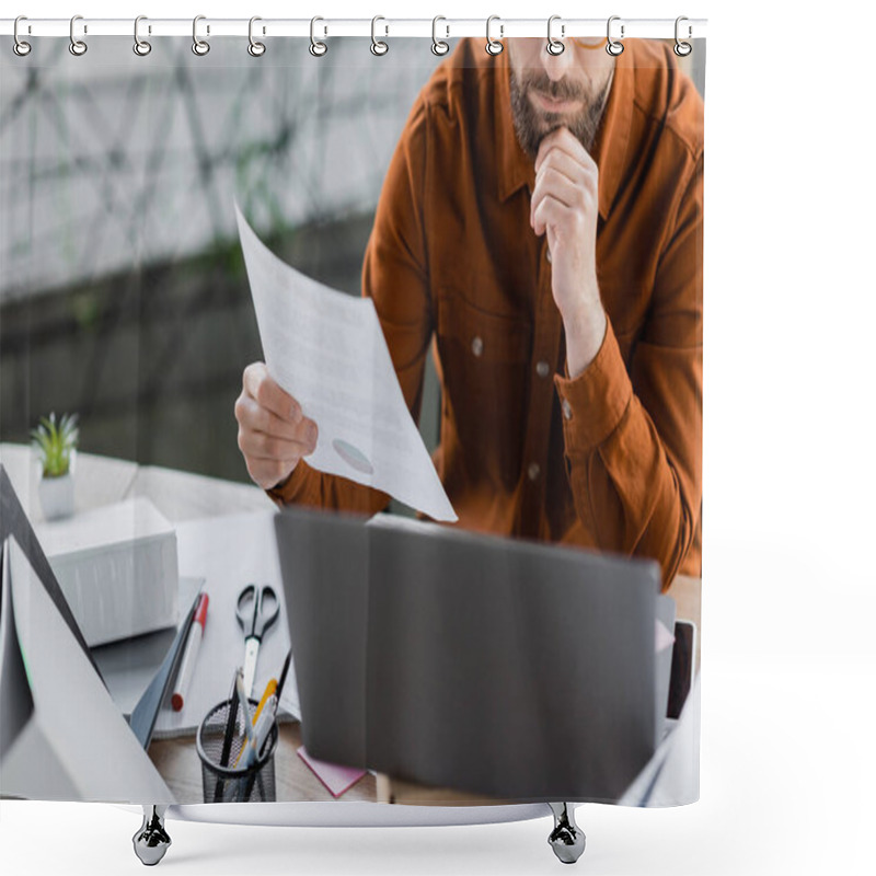 Personality  Cropped View Of Thoughtful And Busy Businessman Holding Document Near Laptop, Folders, Scissors, Marker And Pen Holder With Pens While Working At Workplace In Office Shower Curtains