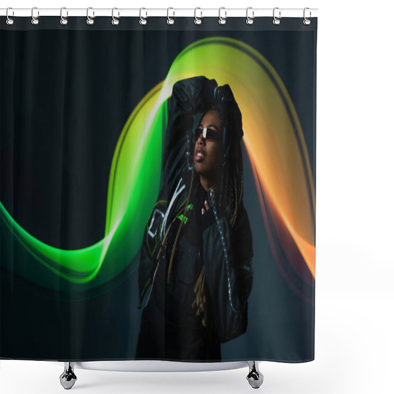 Personality  Stylish African American Woman In Smart Glasses Standing On Grey Background With Abstraction  Shower Curtains