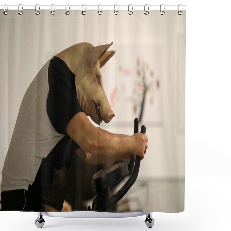 Personality  Cracow, Poland - April 25, 2019: Deborah Sengl - All You Can Lose. Art Installation At Mocak In Krakow. The Pig;s Head Symbolises Excessive, Unrestrained Consumption And Cult Of The Athletic Body Characteristic Of Contemporary Western Society Shower Curtains