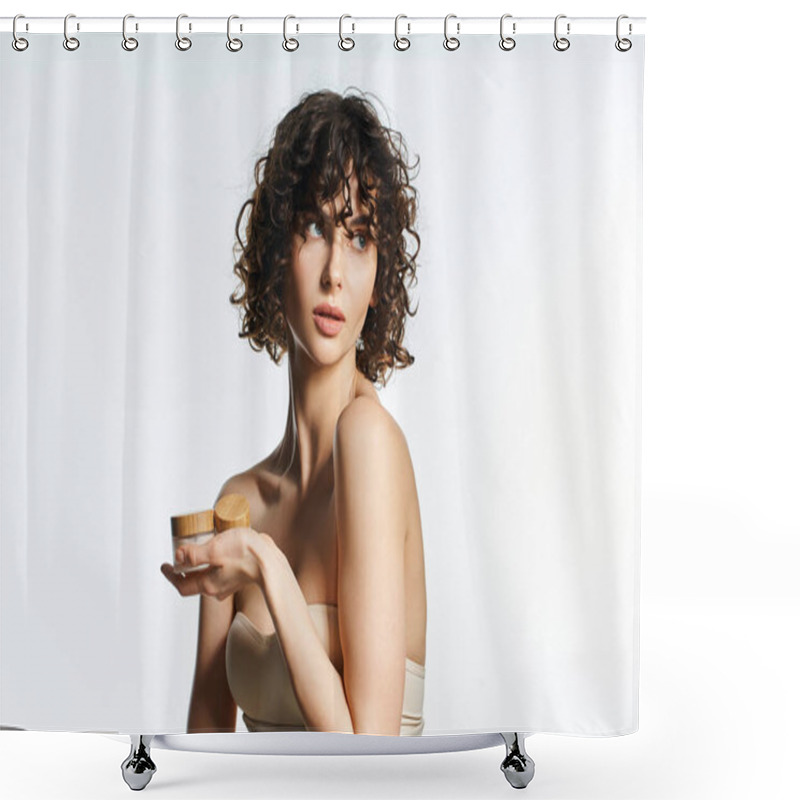 Personality  Woman With Curly Hair Lightly Holding Natural Skincare Product, Exuding Elegance And Charm. Shower Curtains