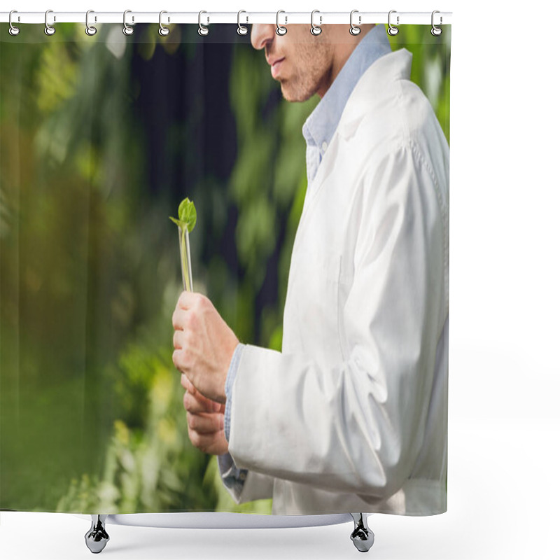 Personality  Cropped View Of Scientist In White Coat Holding Flask With Plant Sample In Orangery Shower Curtains