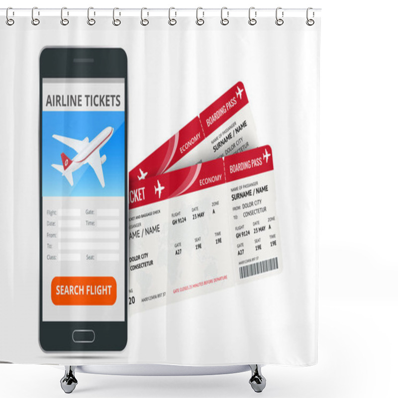 Personality  Airline Tickets Booking Online App Phone And Two Boarding Passes. Concept Of Travel, Journey Or Business. Isolated On White Vector Illustration Shower Curtains