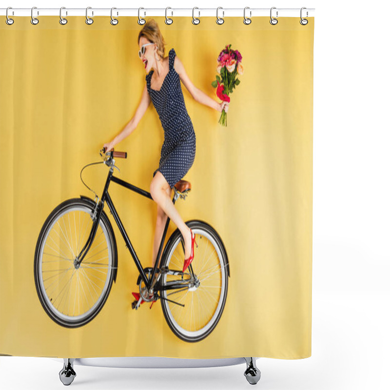 Personality  Pretty Young Woman With Flower Bouquet Riding On Bicycle On Yellow Background Shower Curtains