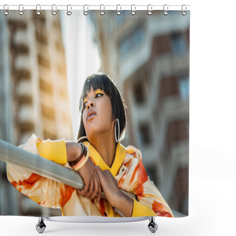 Personality  Sun-tanned Young Sweet Girl Looking Tired While Holding A Railing Shower Curtains