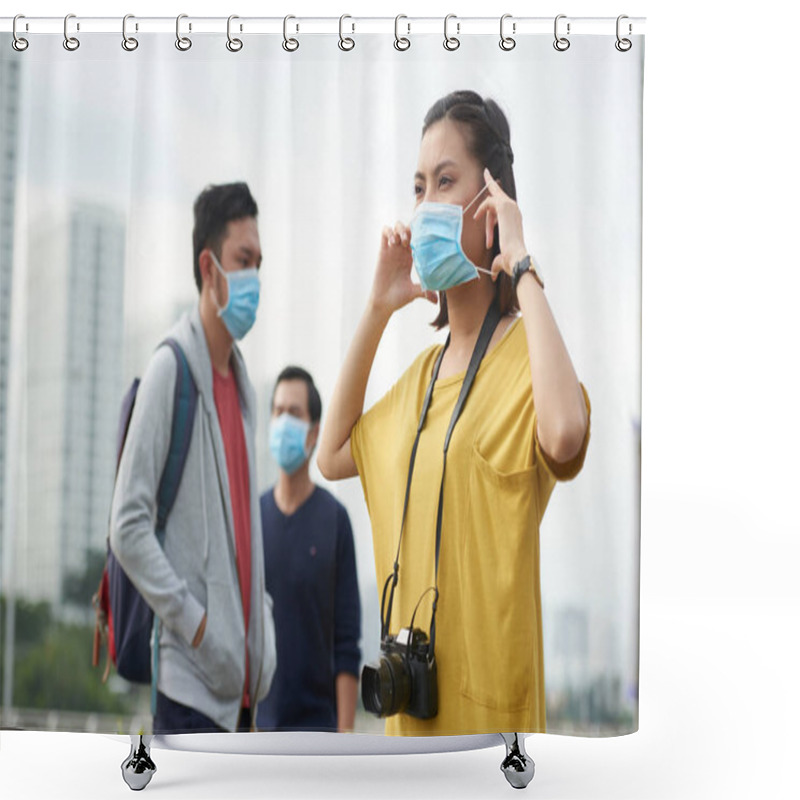 Personality  Woman Putting On Protective Mask Shower Curtains