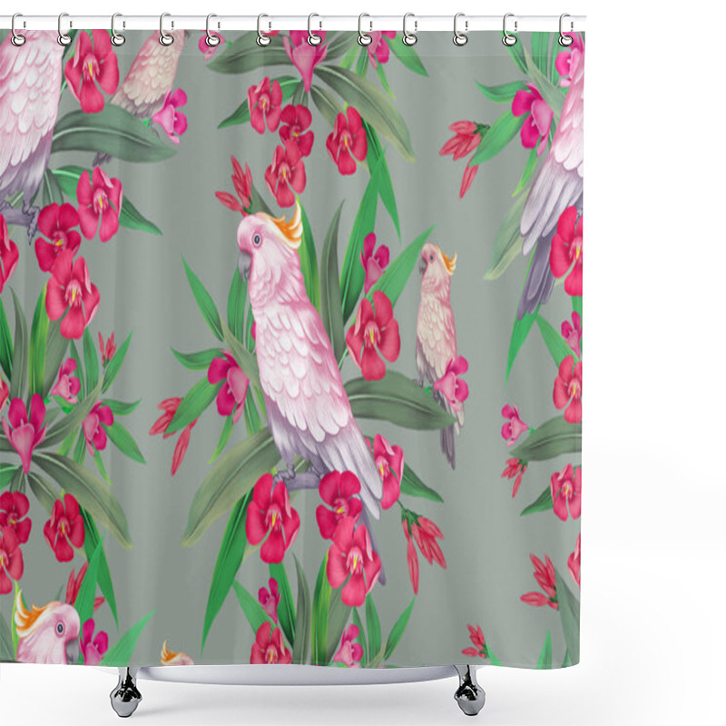 Personality  Flowers And Cockatoo. Seamless Pattern. Shower Curtains