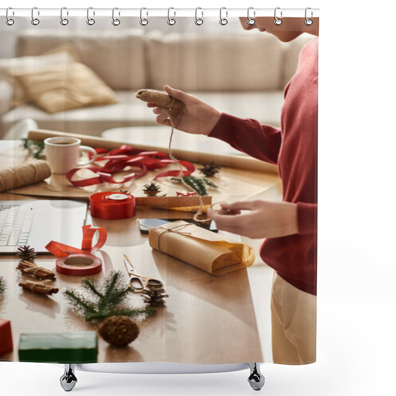 Personality  A Young Man Is Busily Wrapping Christmas Gifts, Surrounded By Festive Decorations And Supplies. Shower Curtains