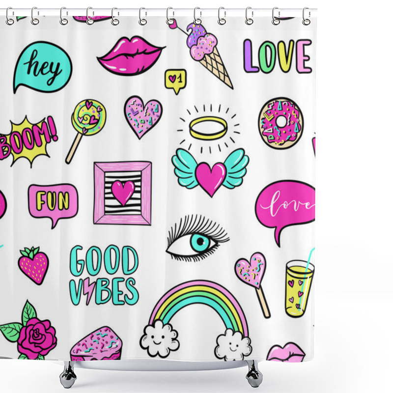 Personality  Vector Seamless Pattern With Fashion Fun Patches: Lip, Star, Strawberry, Speech Bubble On Background. Pop Art Stickers, Patches, Pins, Badges 80s-90s Style Shower Curtains