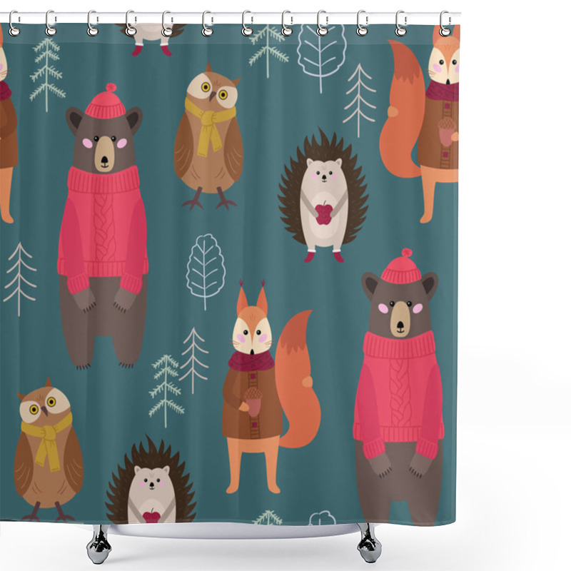 Personality  Children Seamless Pattern With Woodland Animals, Funny Cartoon Characters. Bear, Owl, Squirrel And Hedgehog In The Forest. Textile Print. Shower Curtains