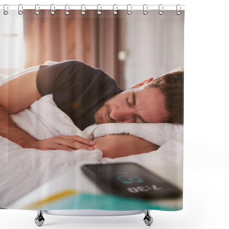 Personality  Man Asleep In Bed With Mobile Phone On Bedside Table Shower Curtains