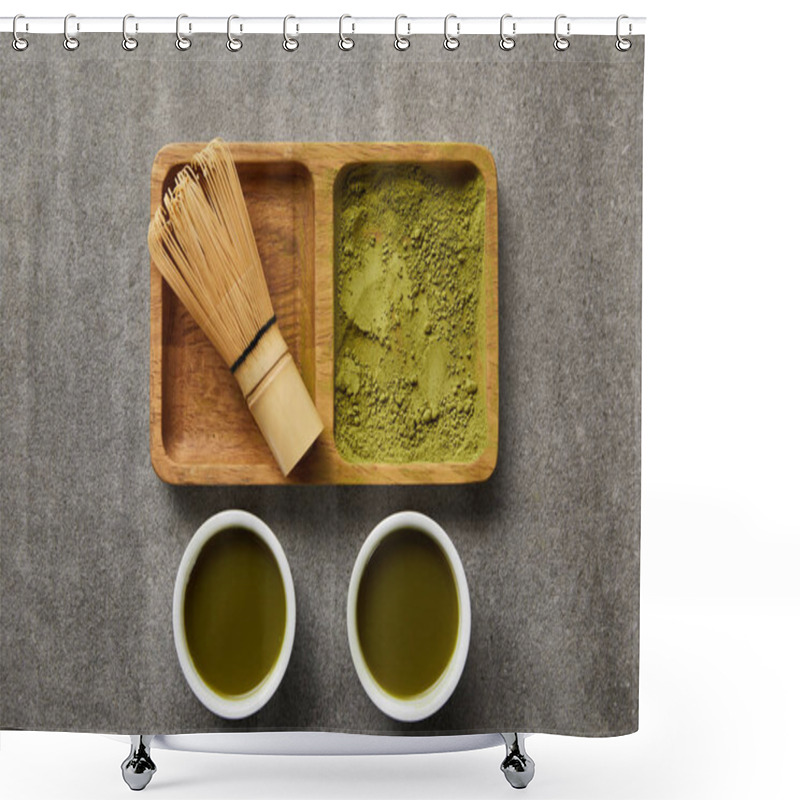 Personality  Top View Of Bamboo Whisk And Matcha Powder On Wooden Bowl Near White Cups With Green Tea Shower Curtains