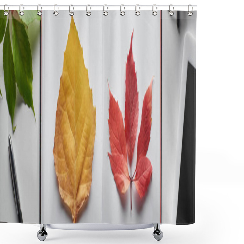 Personality  Red And Yellow Leaves Of Wild Grapes And Alder Near Notebook, Pen And Digital Tablet On White Table Shower Curtains