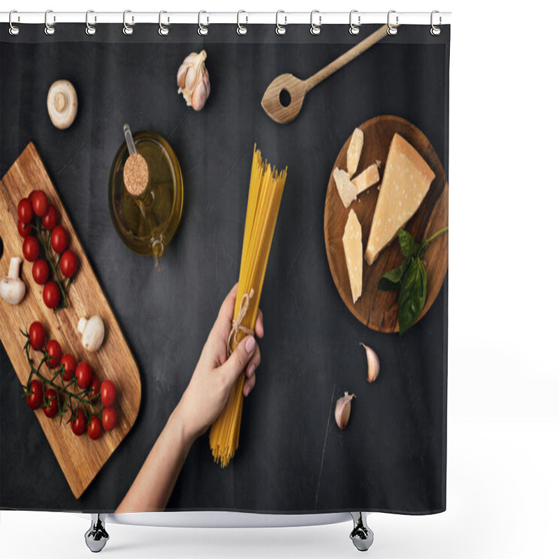 Personality  Flat Lay Of Woman Hand Holding Spaghetti And Ingredients For Cooking Italian Pasta. Spaghetti, Tomatoes, Oil, Garlic, Parmezan. Top View Of Traditional Italian Cusine Concept Shower Curtains