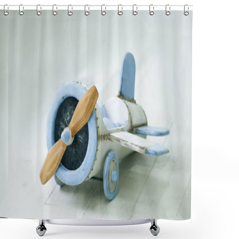 Personality  Wooden Airplane For Children, Eco-friendly Beautiful Toy On A Light Background Shower Curtains