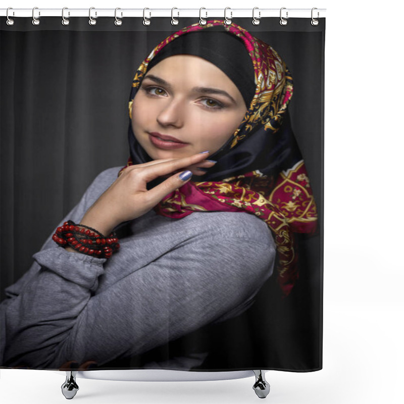 Personality  Portrait Of Female In Red Hijab Shower Curtains