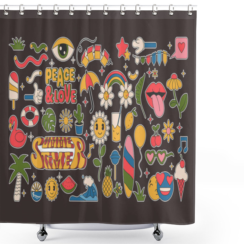 Personality  Collection Of Cartoon Summer Groovy Stickers 70s With Hippie Style Shower Curtains