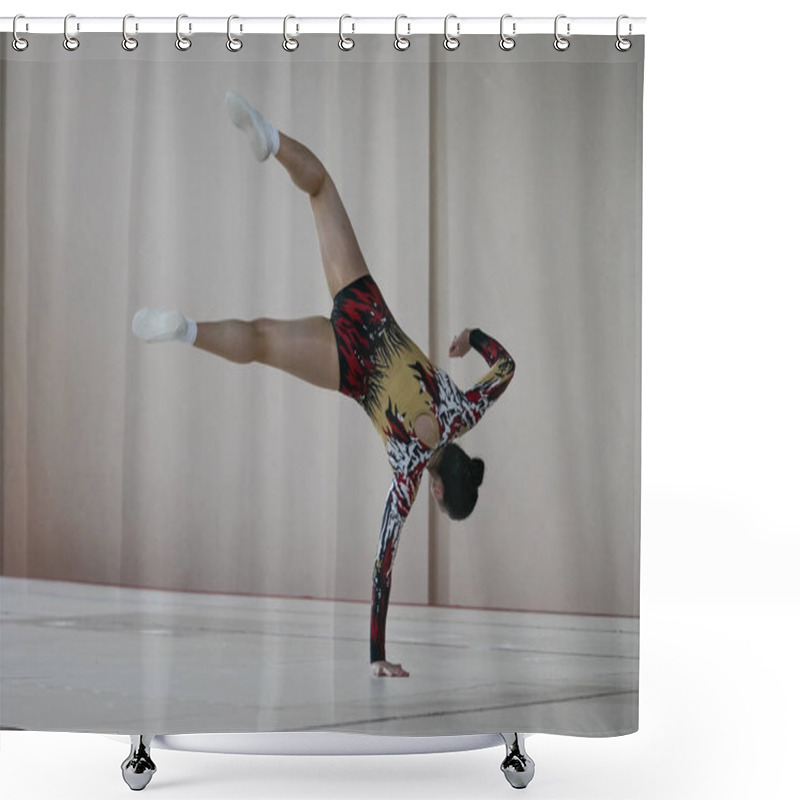 Personality  ISTANBUL, TURKEY - APRIL 24, 2022: Undefined Athlete Performs During Aerobic Gymnastics Turkish Championships Shower Curtains