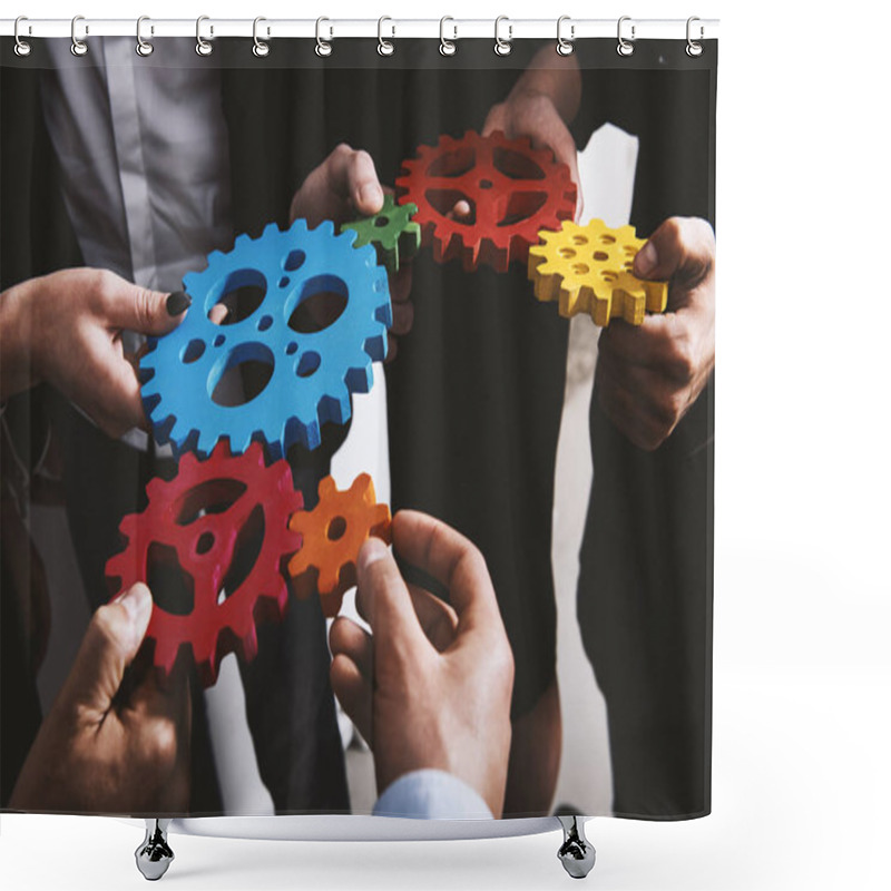 Personality  Business Team Connect Pieces Of Gears. Teamwork, Partnership And Integration Concept Shower Curtains