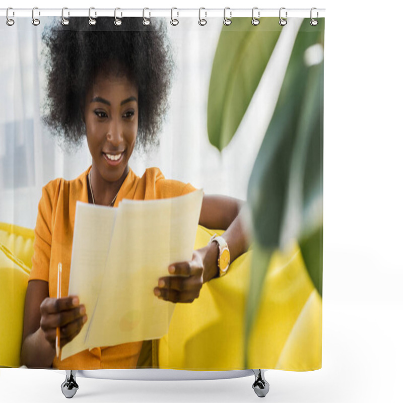 Personality  Portrait Of Smiling African American Woman With Papers Remote Working On Sofa At Home Shower Curtains