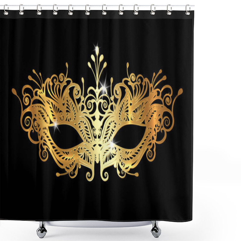 Personality  Golden Venetian Mask Realistic With Laser Cut Gold Embroidery. Stylish Masquerade Party. Mardi Gras Card Invitation. Night Party Poster. Dance Flyer. Musical Festival Banner Templates. Vector Isolated Shower Curtains