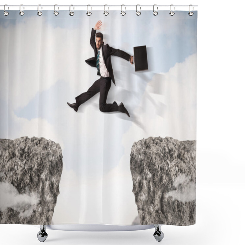 Personality  Funny Business Man Jumping Over Rocks With Gap Shower Curtains