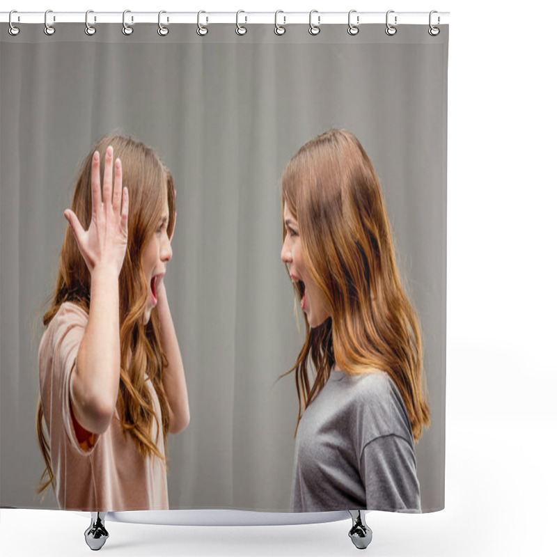 Personality  Side View Of Twin Sisters Screaming At Each Other Isolated On Grey Shower Curtains