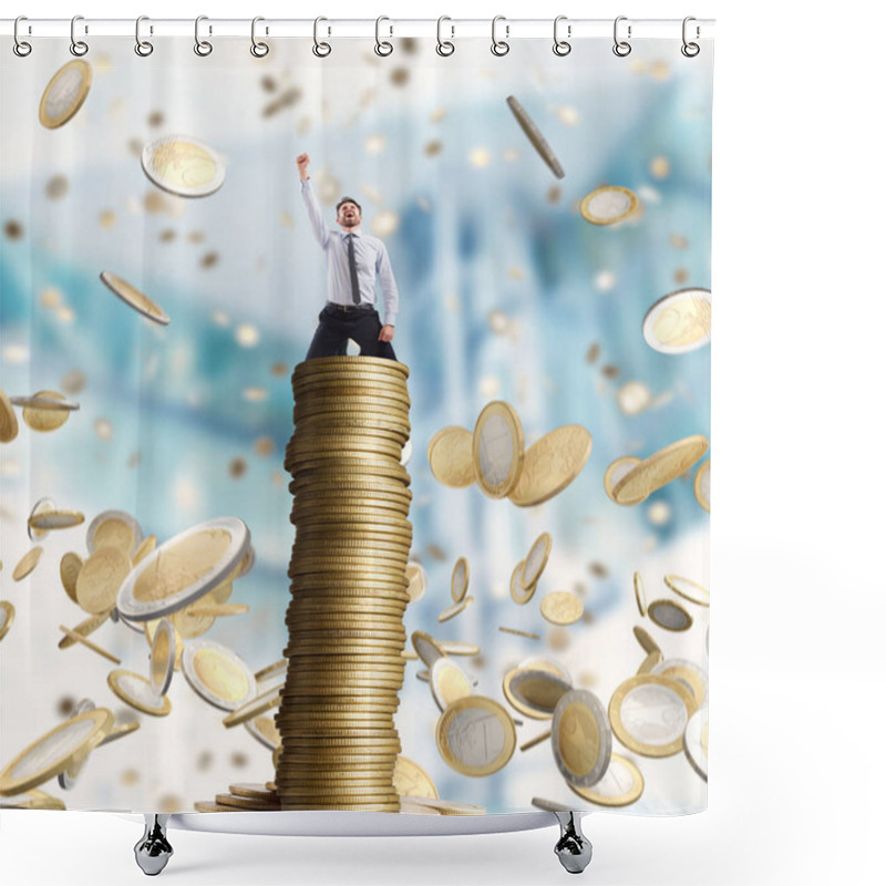 Personality  Businessman Exults Over  Coins Shower Curtains