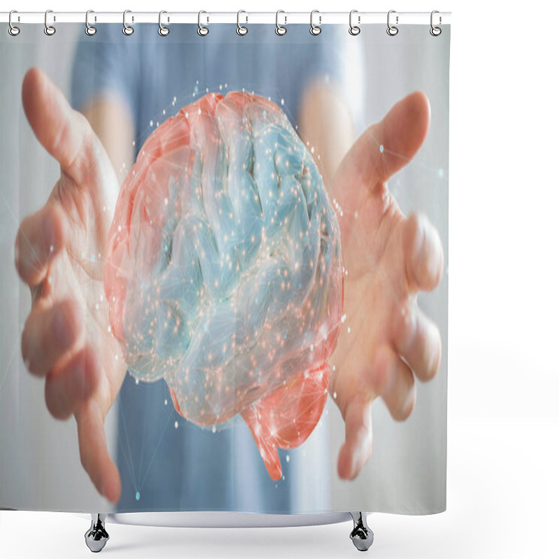 Personality  Businessman On Blurred Background Using Using Digital 3D Projection Of A Human Brain 3D Rendering Shower Curtains